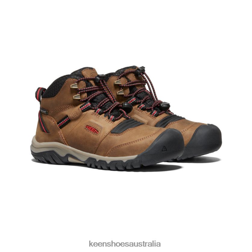 KEEN Footwear TLDLTR946 Bison/Red Carpet Ridge Flex Waterproof Boot Big Kids