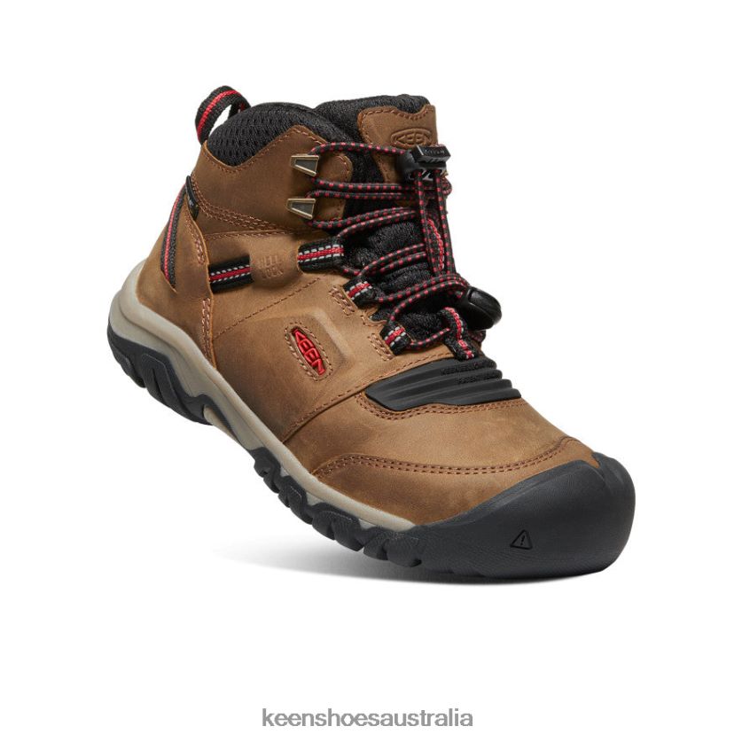 KEEN Footwear TLDLTR946 Bison/Red Carpet Ridge Flex Waterproof Boot Big Kids